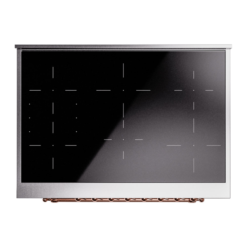 Electric induction range oven door glass with dark panel and stainless frame