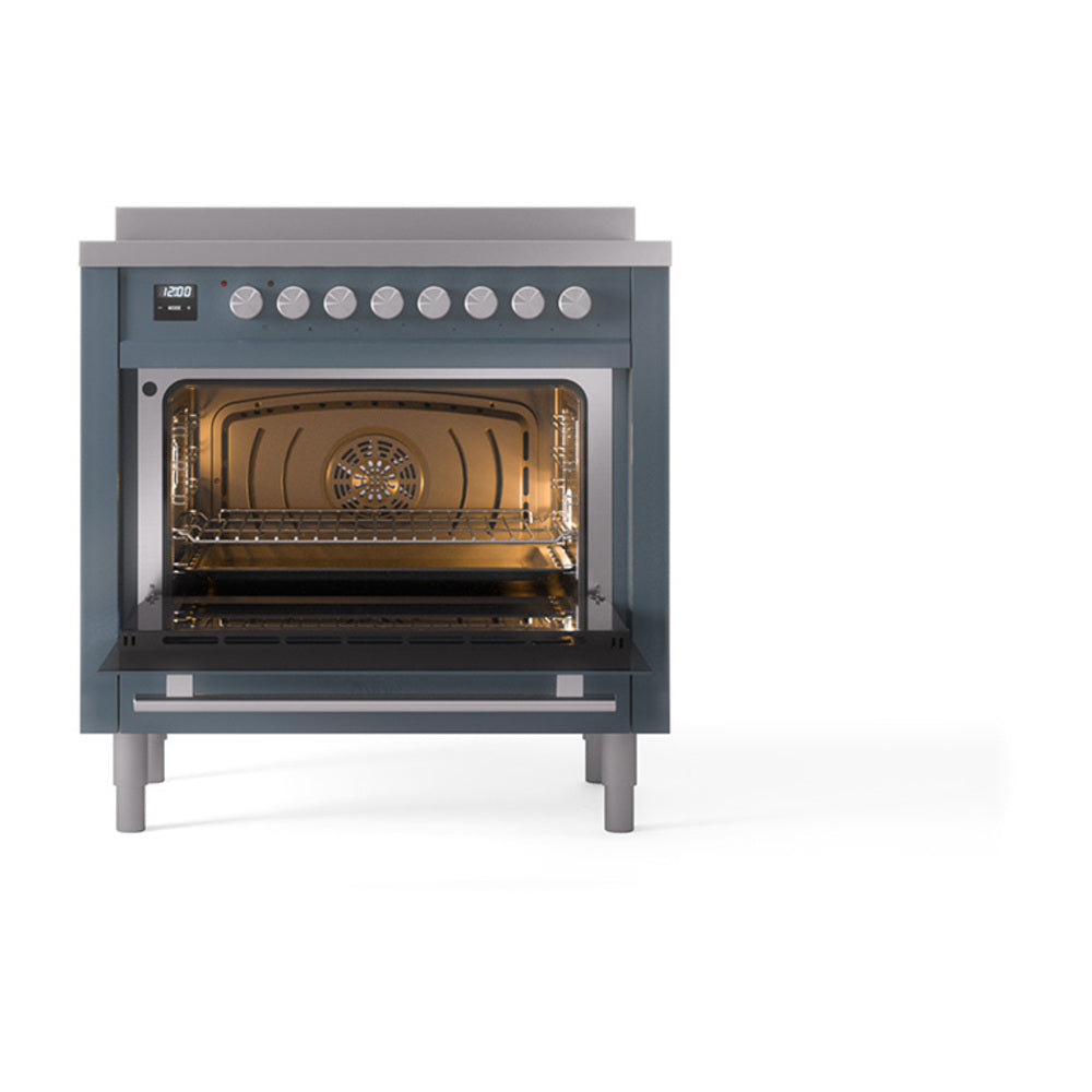 Blue-grey induction range oven door open, showing stainless oven interior and rack