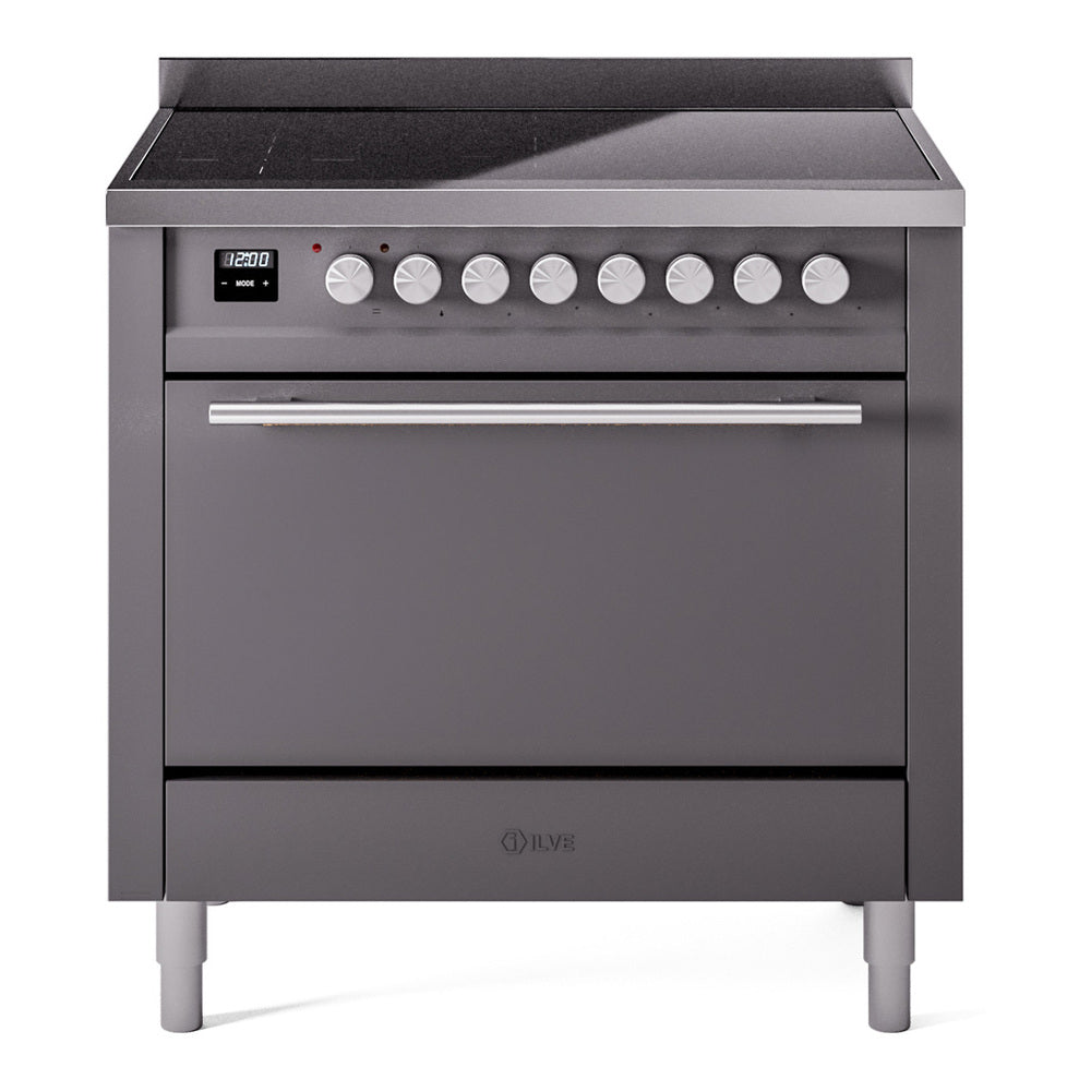 Matte graphite induction range front view with control knobs and oven door