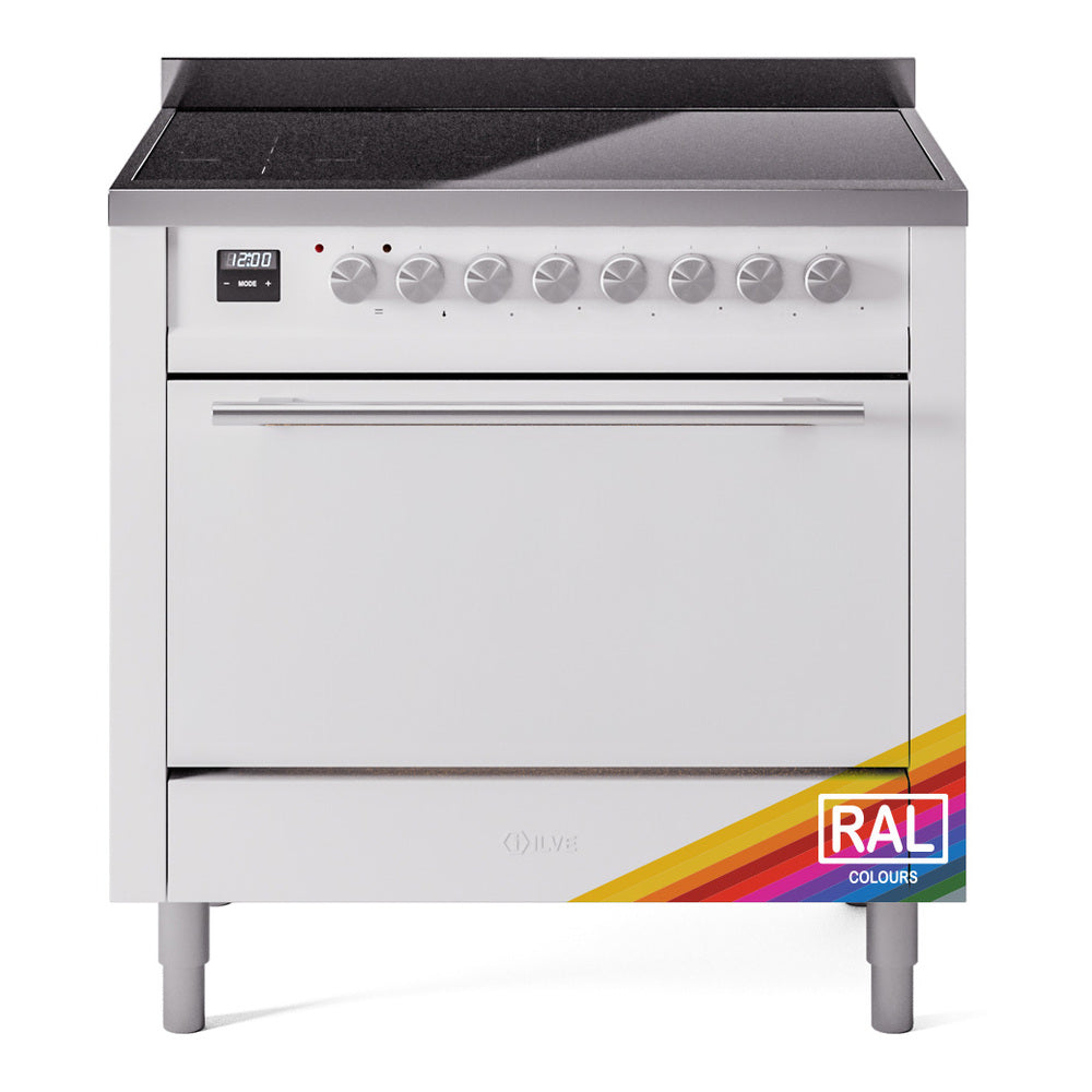 Stainless steel induction range front with control knobs and closed solid door oven