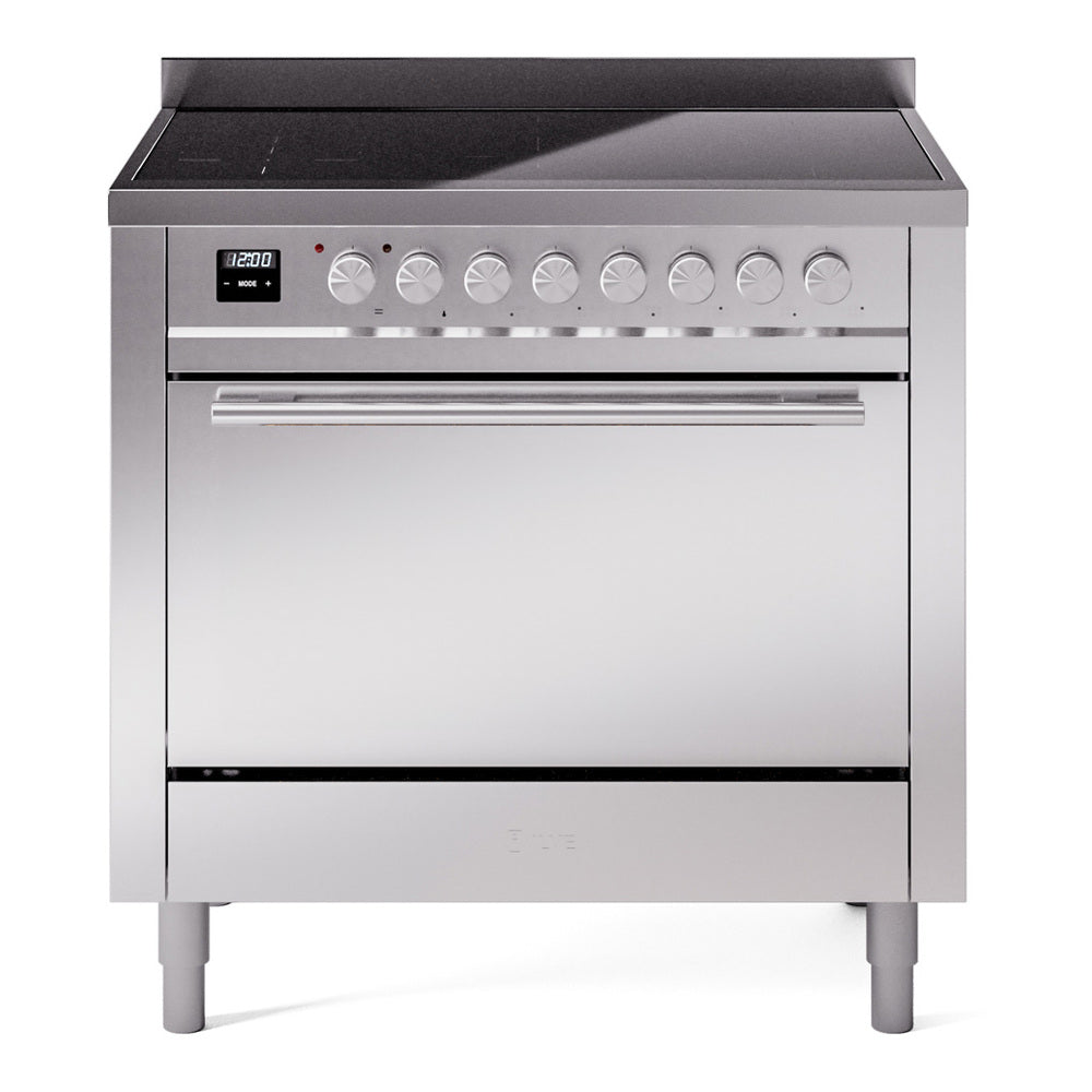 Stainless steel induction range with solid oven door and control knobs