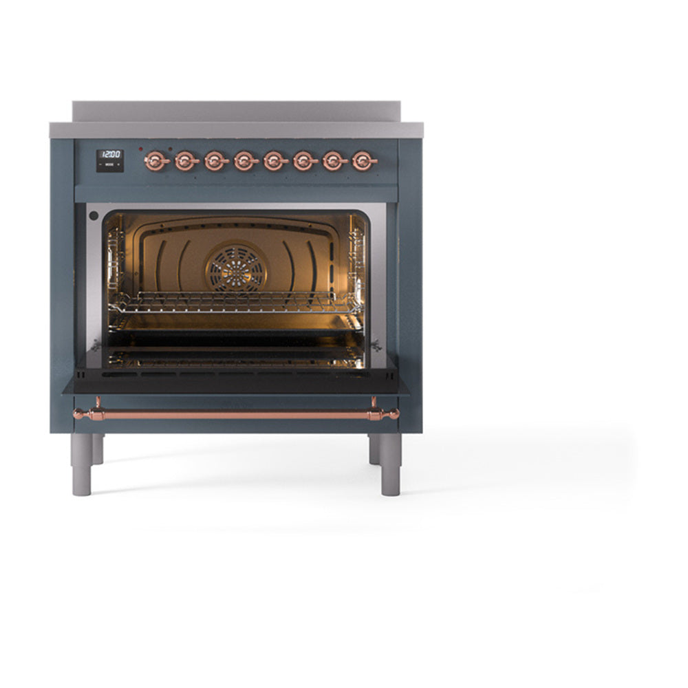 Blue grey induction range oven with solid door open, copper-trimmed front, racks inside.