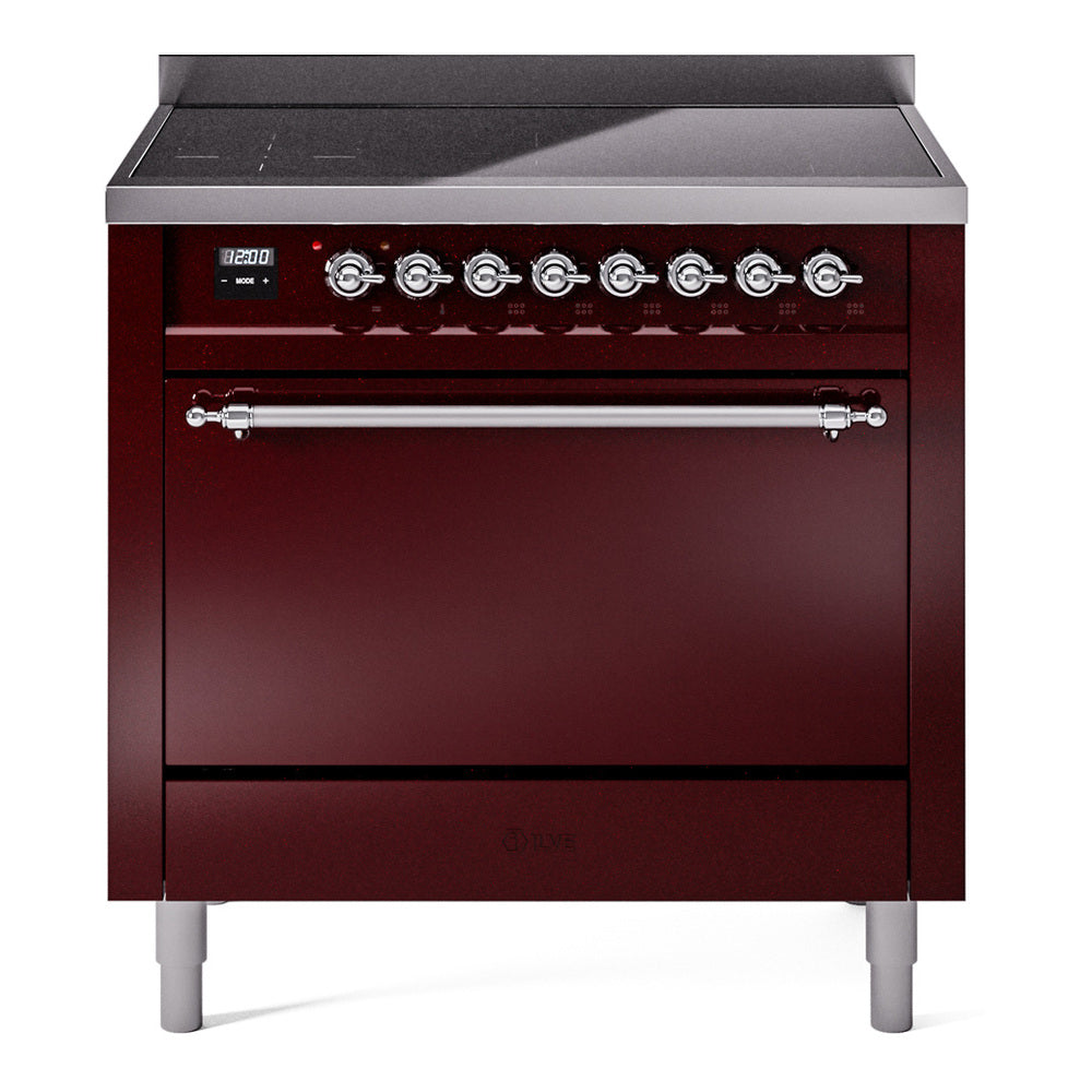 Burgundy induction range front view with stainless top, knobs, and closed oven door