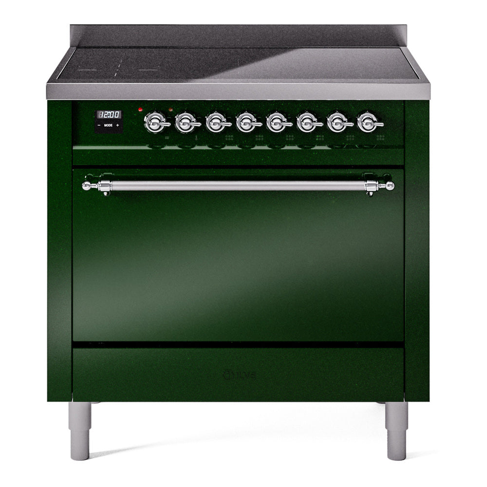 Emerald green induction range with knob control panel and closed solid-door oven