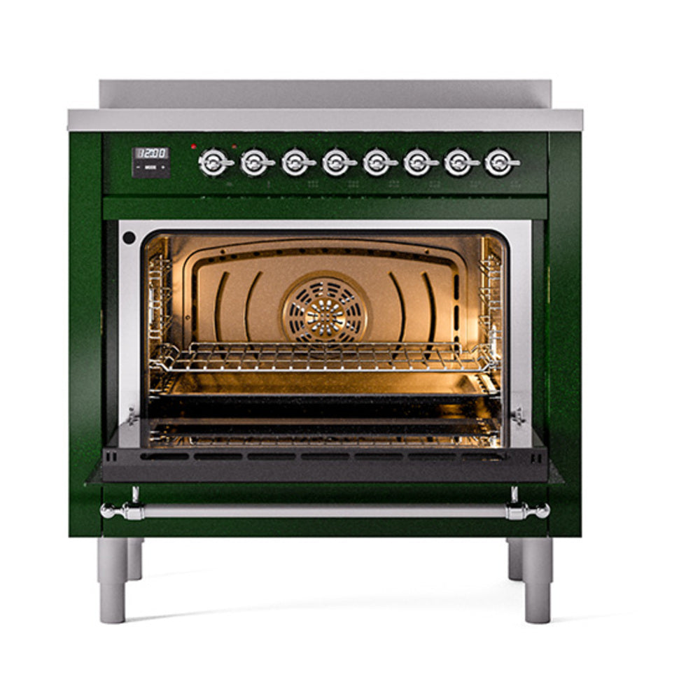 Emerald green induction range with open solid-door oven and chrome-trimmed controls