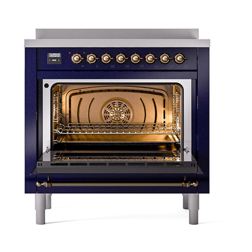 Midnight blue induction range with open oven door and bronze-trim controls