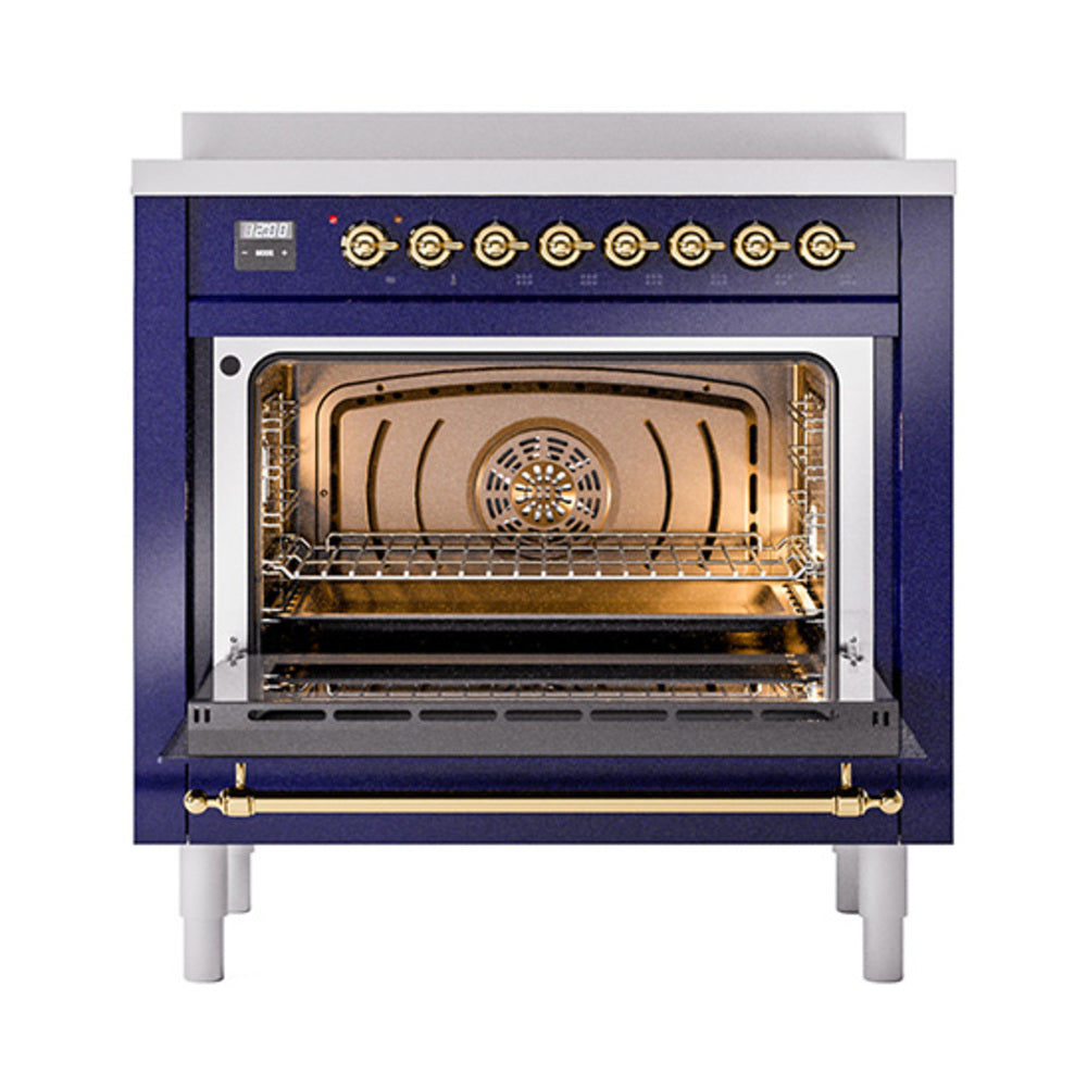 Midnight blue induction range with open solid-door oven and brass-trim interior