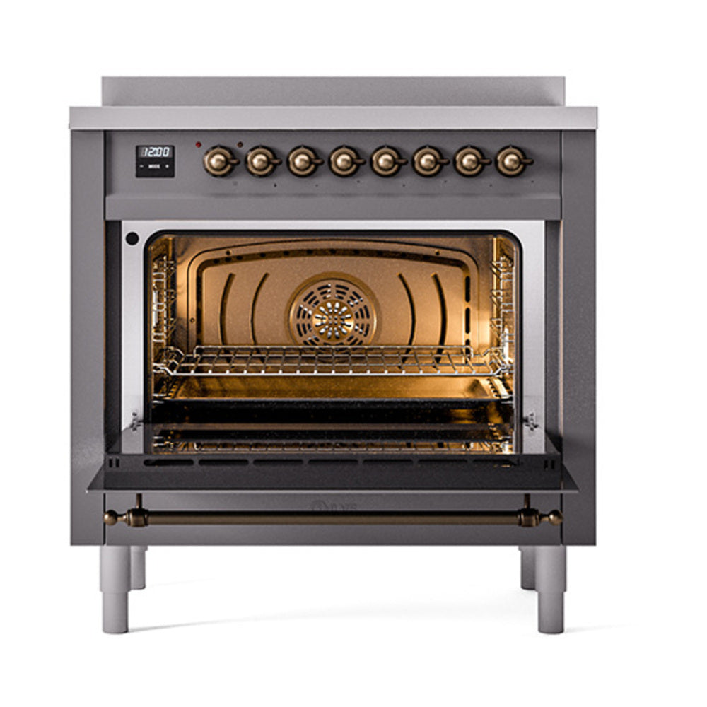 Matte graphite induction range with open solid-door oven and bronze-trim controls
