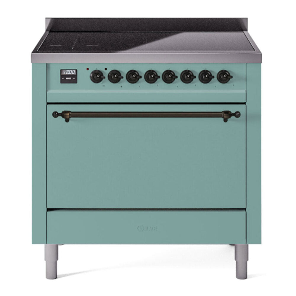 ILVE 36-Inch Nostalgie II Induction Range with Solid Door Oven in Mediterranean Mint with Burnished Bronze Trim (UPI366QNMPMMB)