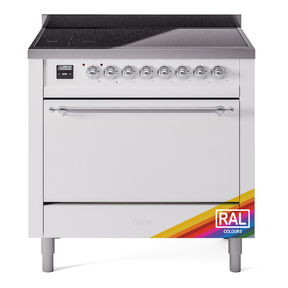 White induction range with chrome knobs, black cooktop, and closed oven door