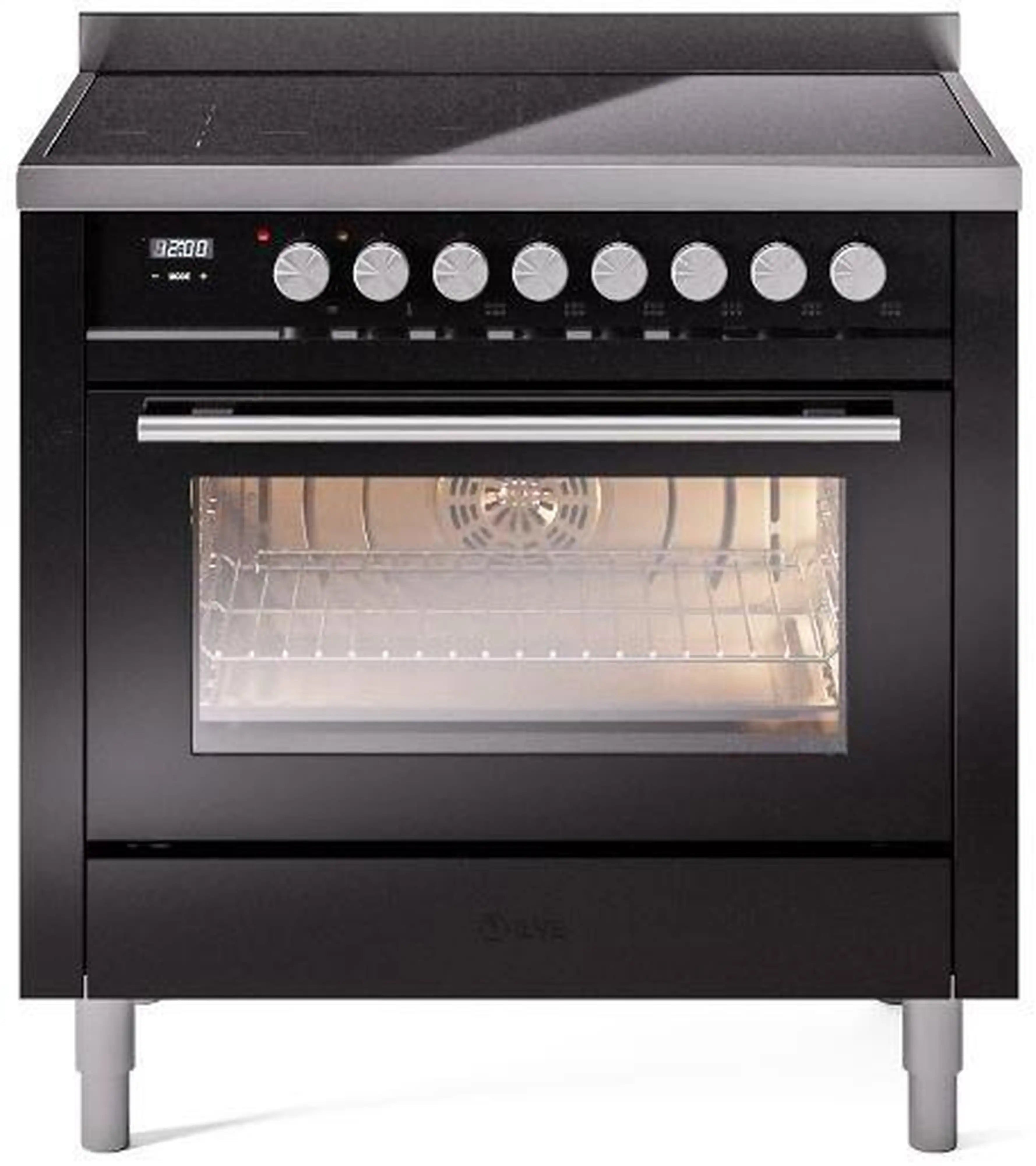 Black induction range with closed door and glass window over oven interior