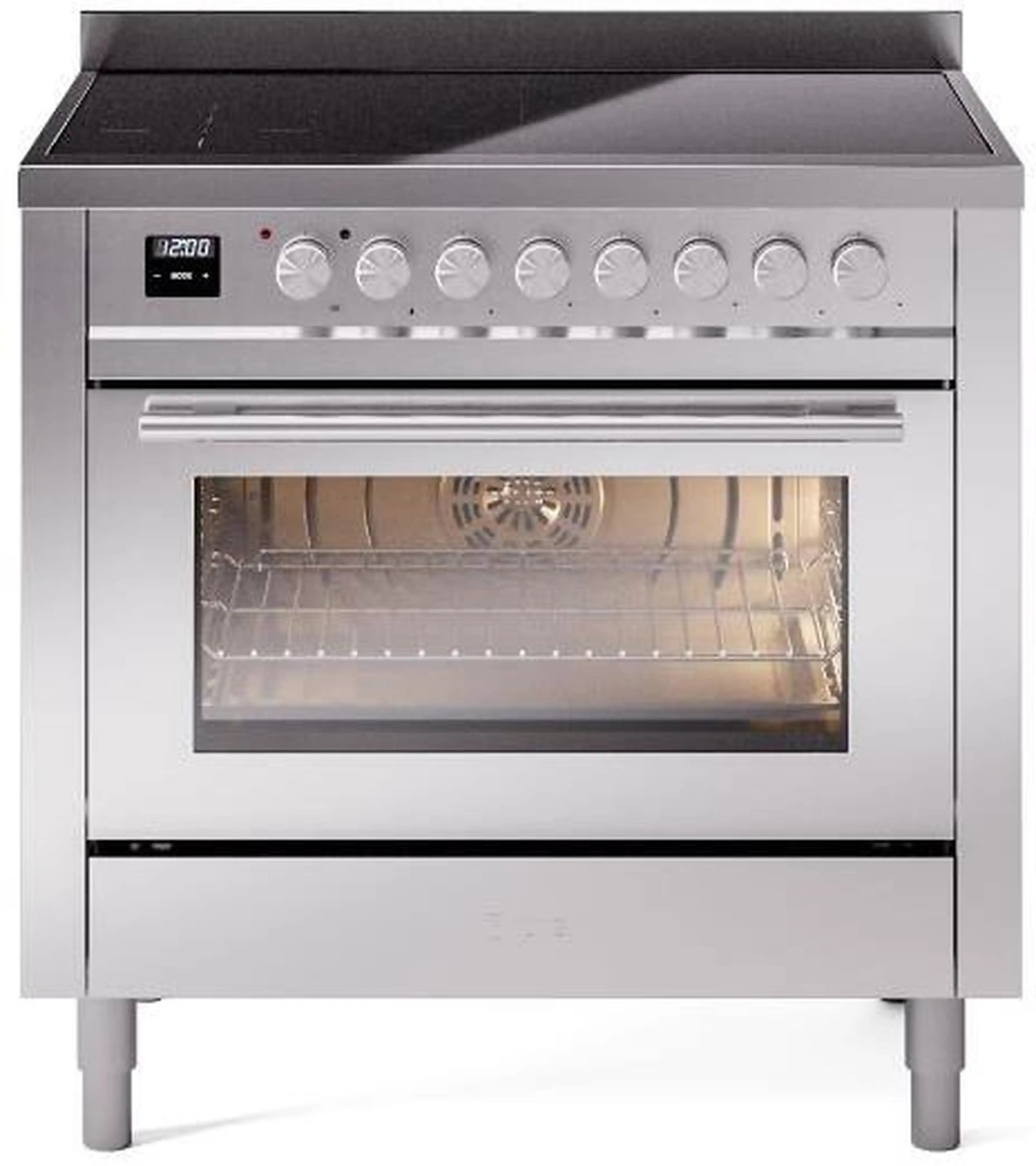 Stainless steel induction range with closed oven door and front control knobs