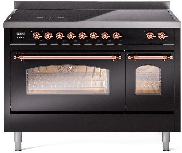 Freestanding induction electric range, glossy black with copper trim and oven doors