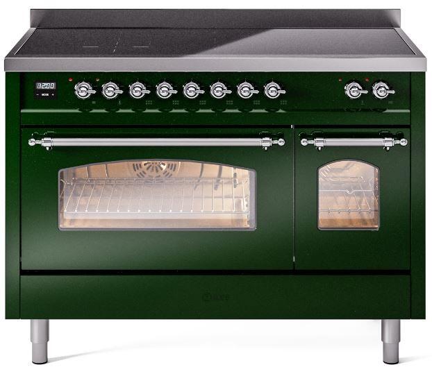 Freestanding electric induction range front with oven window and chrome control knobs