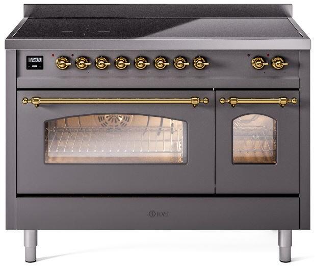 Matte graphite induction range with brass trim, front control panel and two oven doors