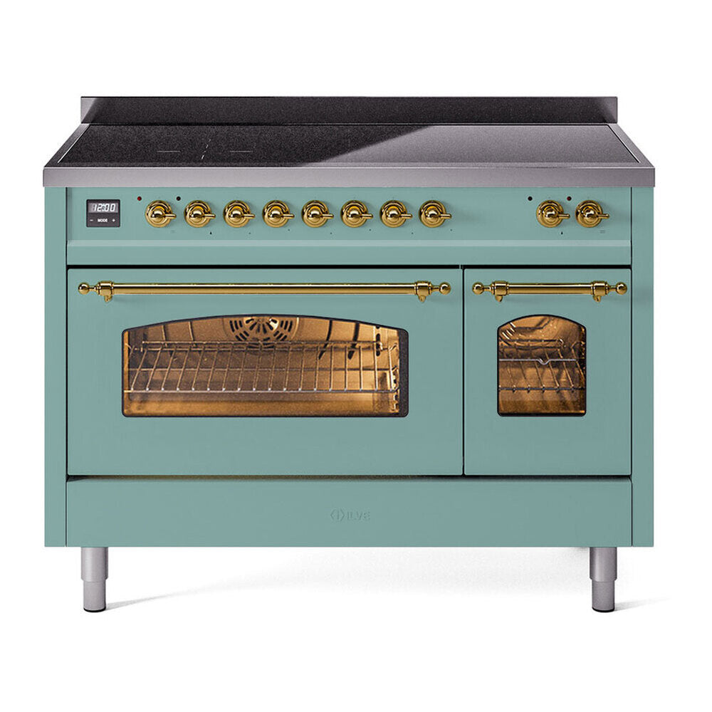 ILVE Nostalgie II 48-Inch Freestanding Electric Induction Range in Mediterranean Mint with Brass Trim (UPI486NMPMMG)