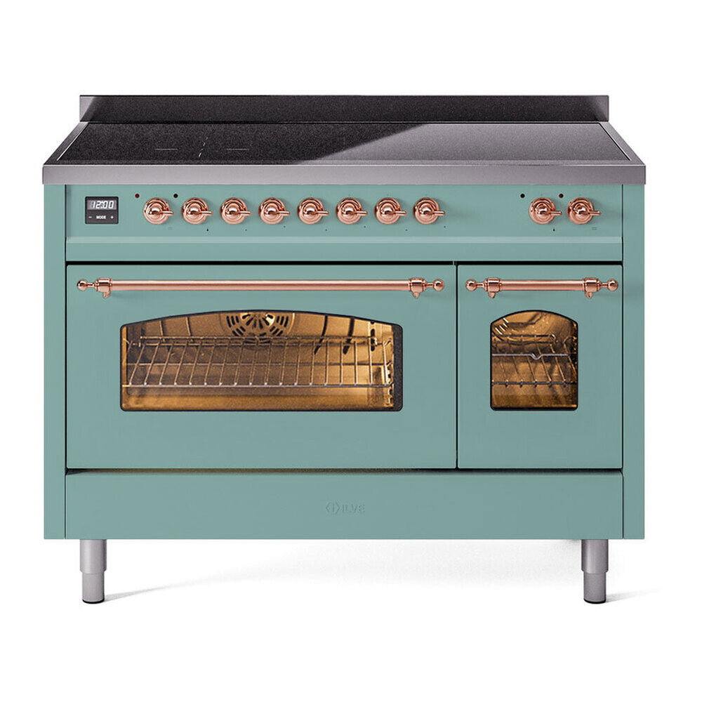 ILVE Nostalgie II 48-Inch Freestanding Electric Induction Range in Mediterranean Mint with Copper Trim (UPI486NMPMMP)