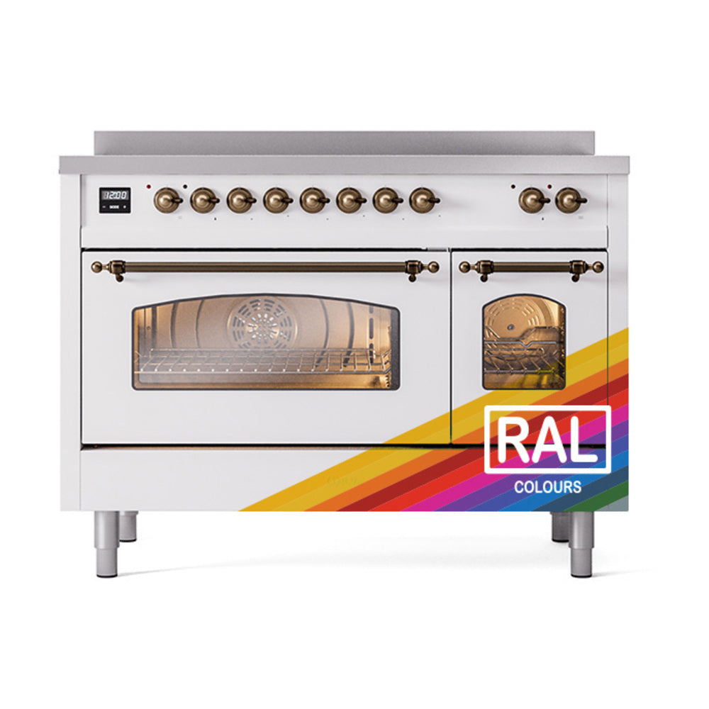 ILVE freestanding electric induction range with bronze knobs and viewing oven window