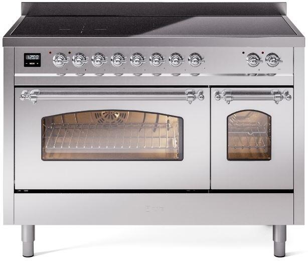 Stainless steel induction electric range with oven door open and viewing window