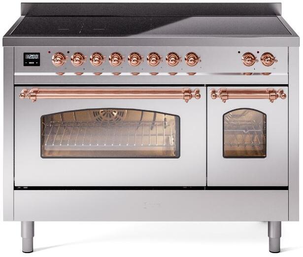 Stainless induction range front with copper-trim controls and oven window doors