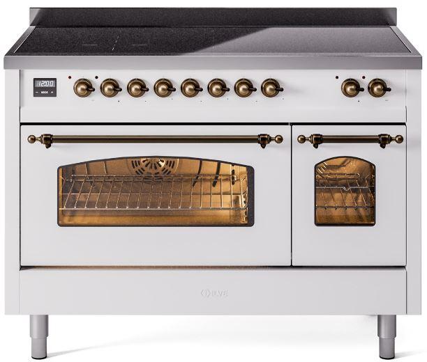 White freestanding induction range with bronze trim, oven windows and dual doors