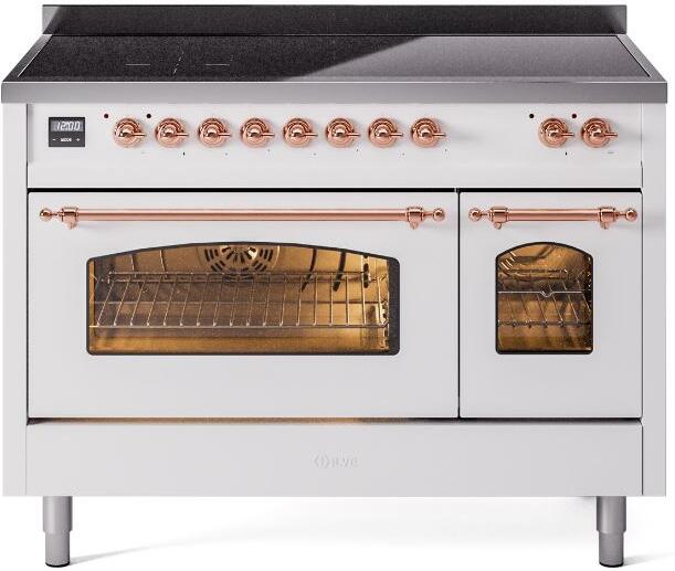 White freestanding electric induction range with copper trim, front controls and oven windows