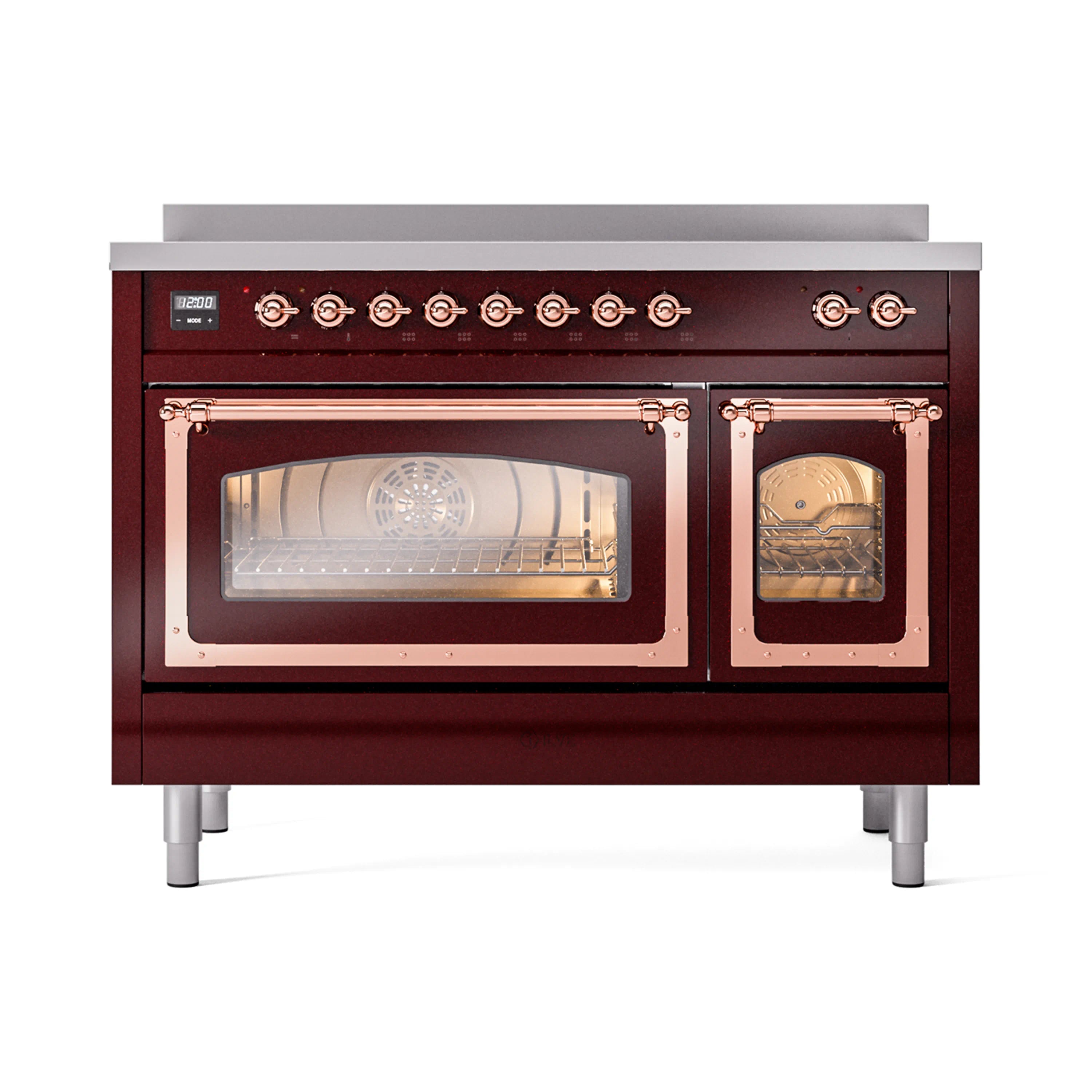 Burgundy induction range with closed ovens, copper trim and control knobs visible
