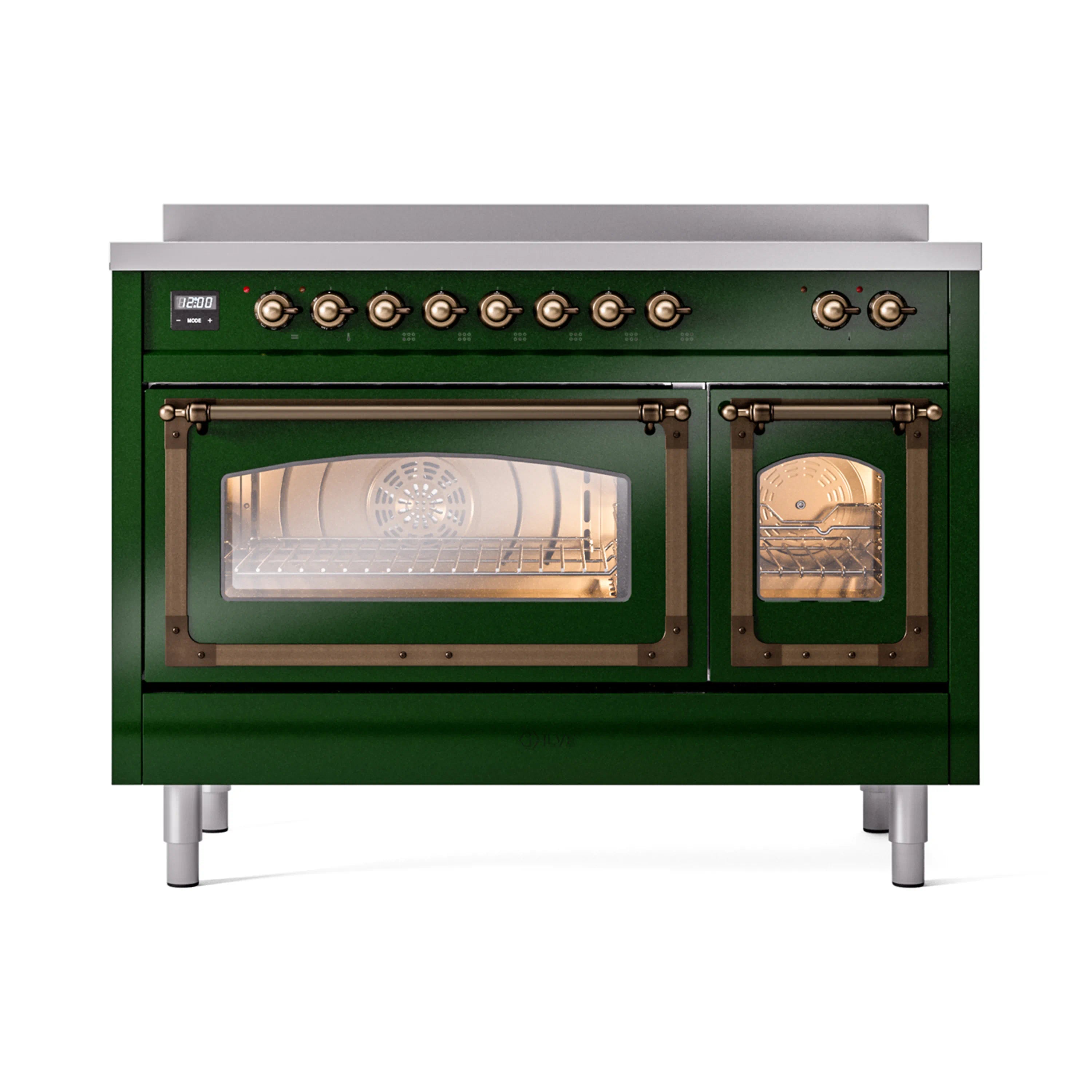 Emerald green induction range with bronze-trim control knobs and closed glass oven doors