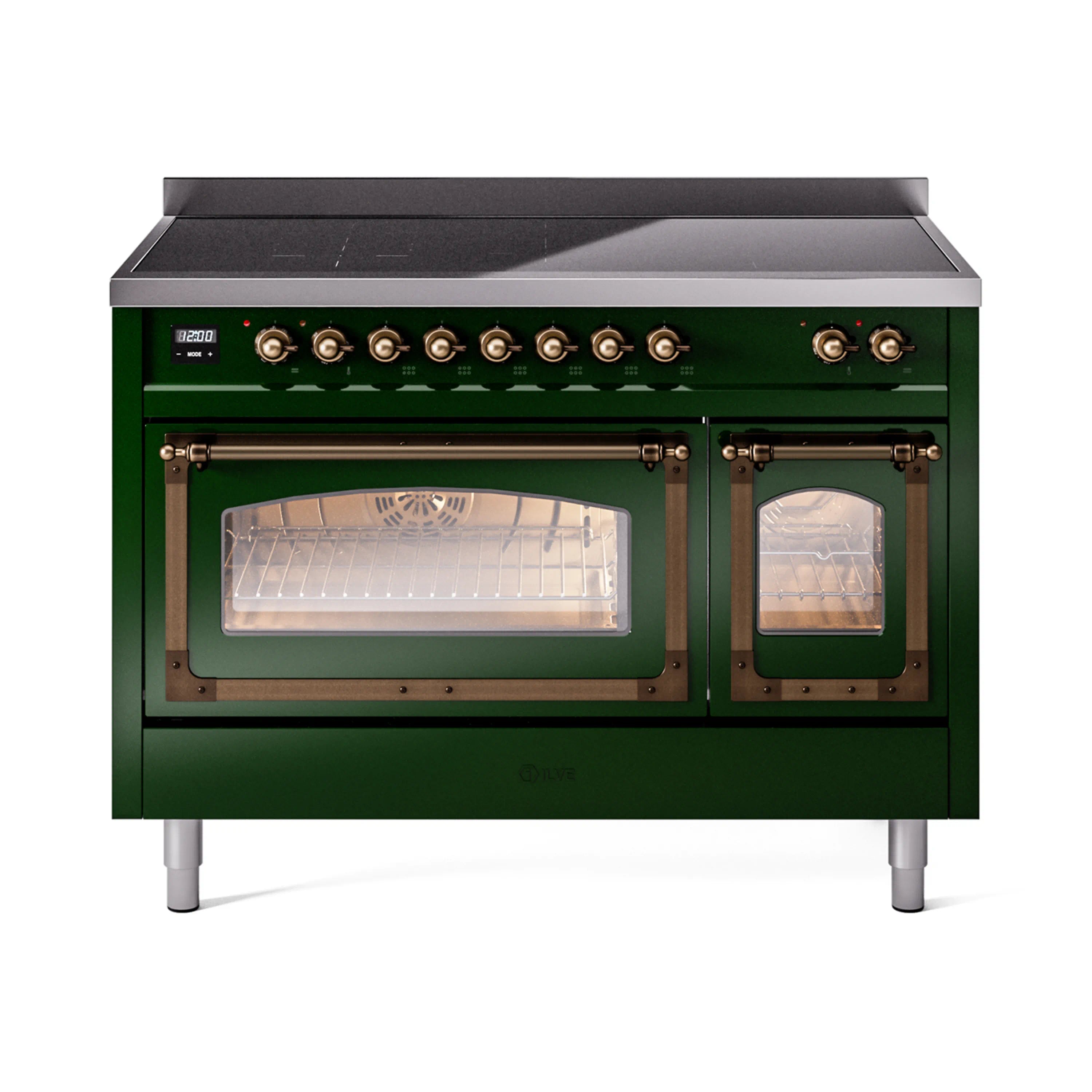 Emerald green induction range with bronze-trim knobs and open left oven door