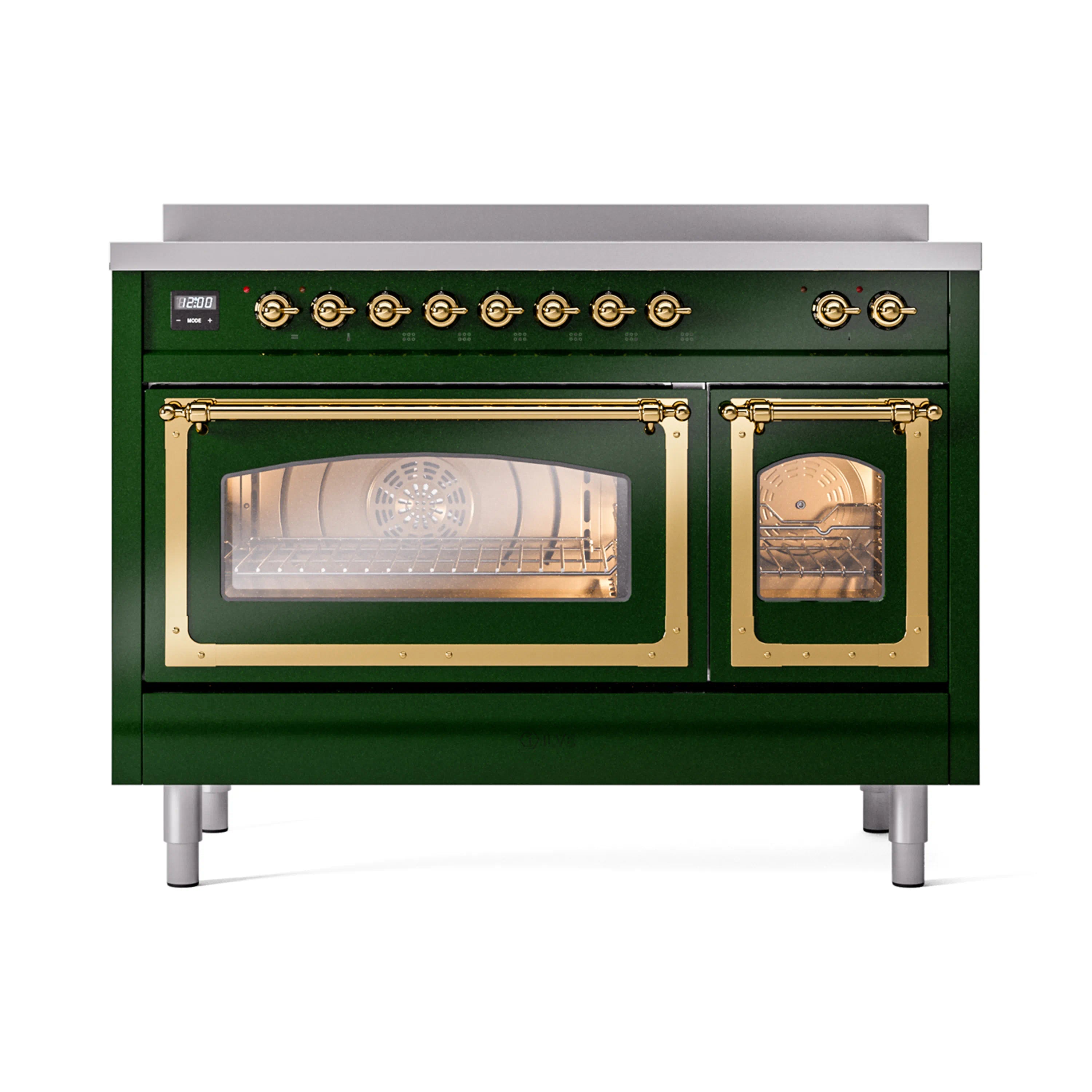 Emerald green induction range with closed triple glass doors and brass trim