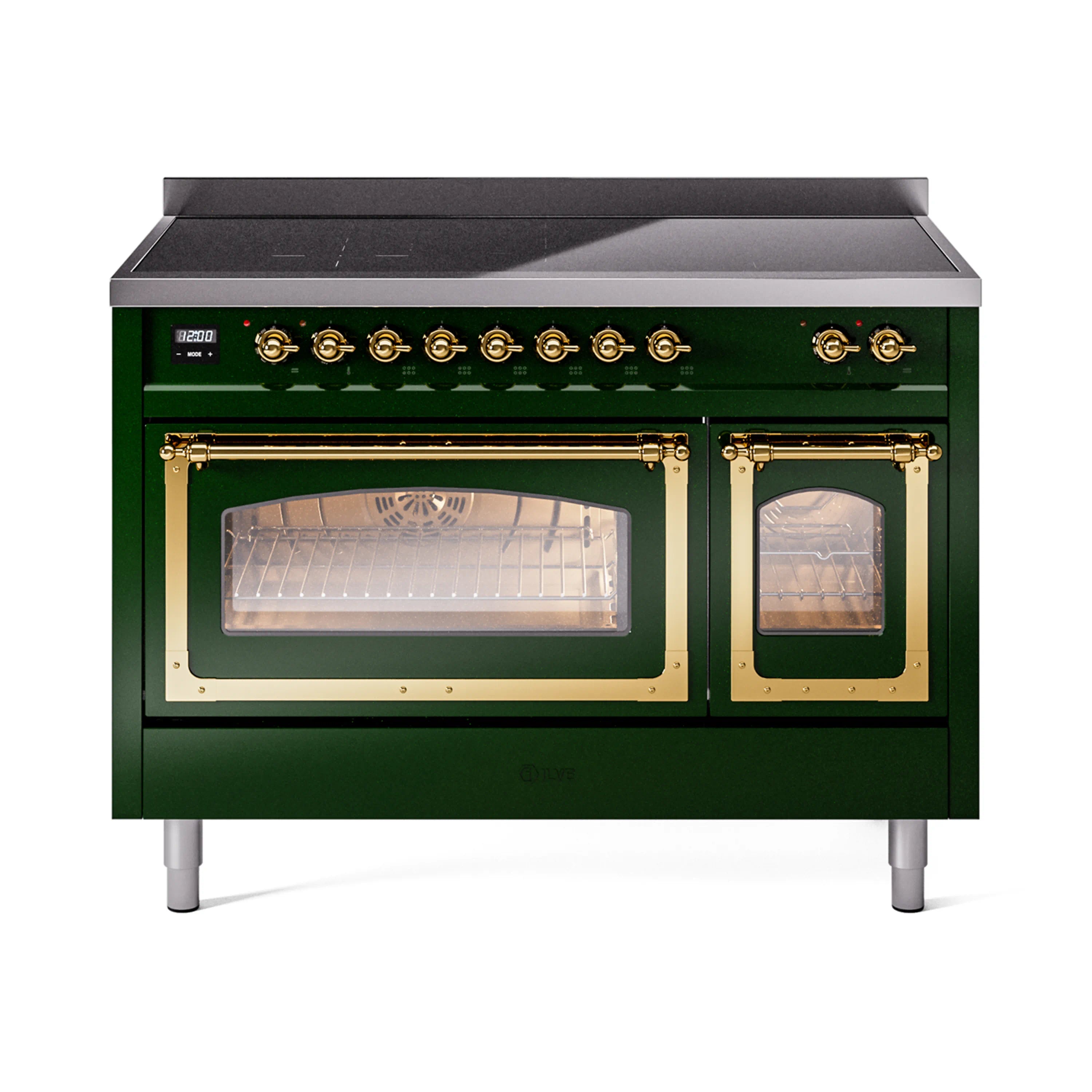 Emerald green induction range with double glass oven doors and brass trim, front