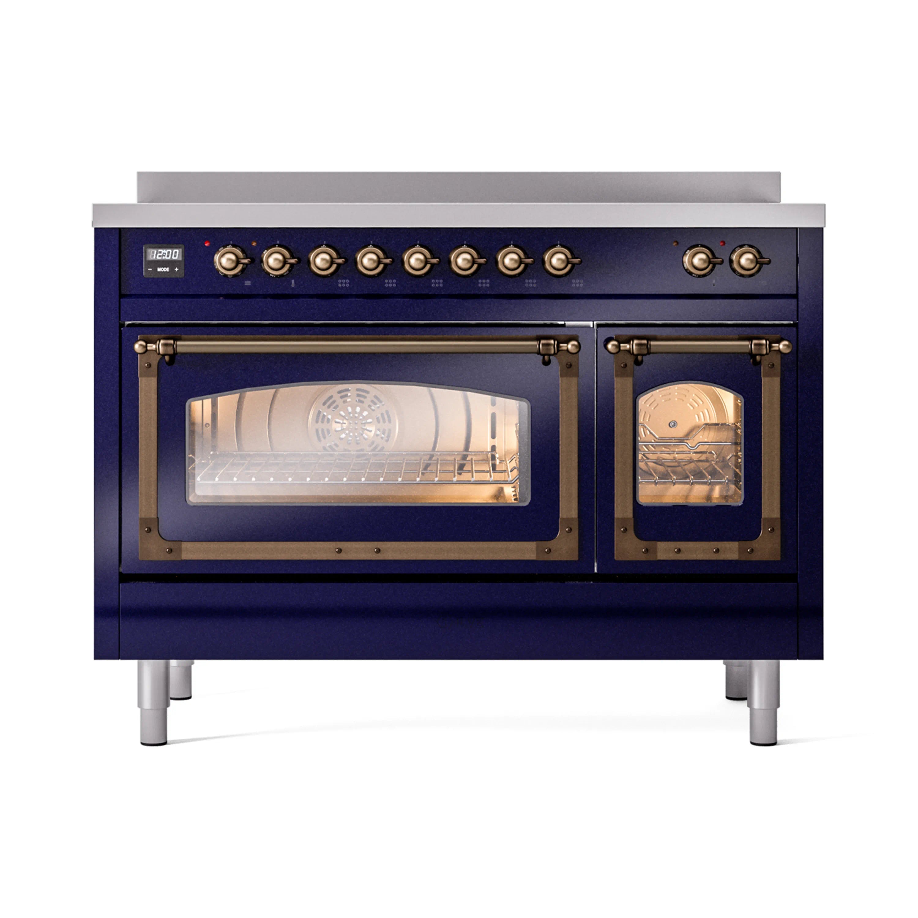 Midnight blue induction range with left oven door and warm interior light, bronze trim