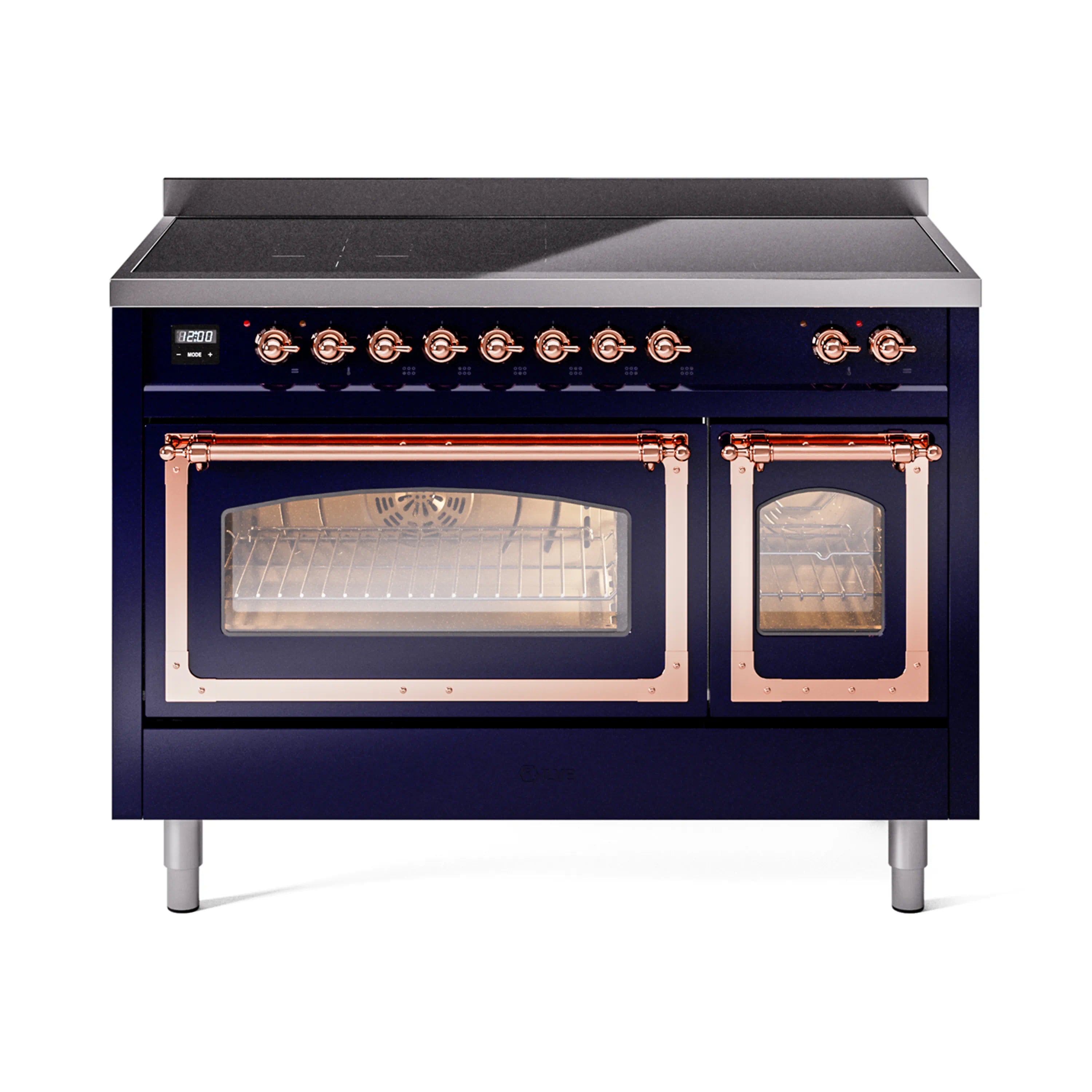 Induction range with triple glass doors and copper handles, midnight blue front