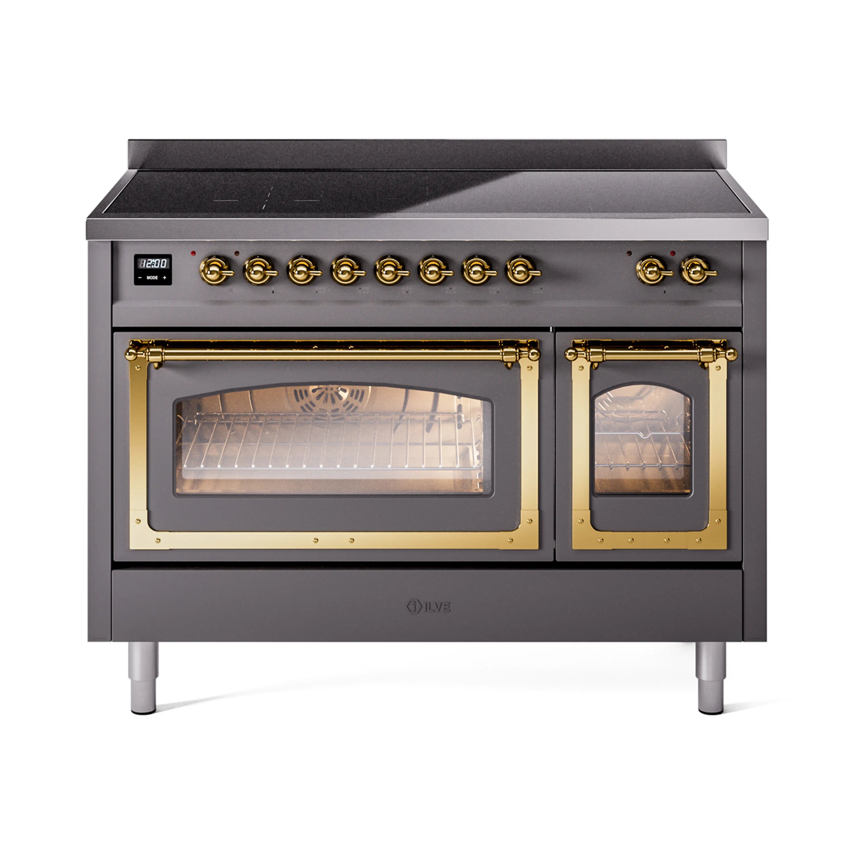 Matte graphite induction range with brass-trim oven doors and interior lighted oven racks