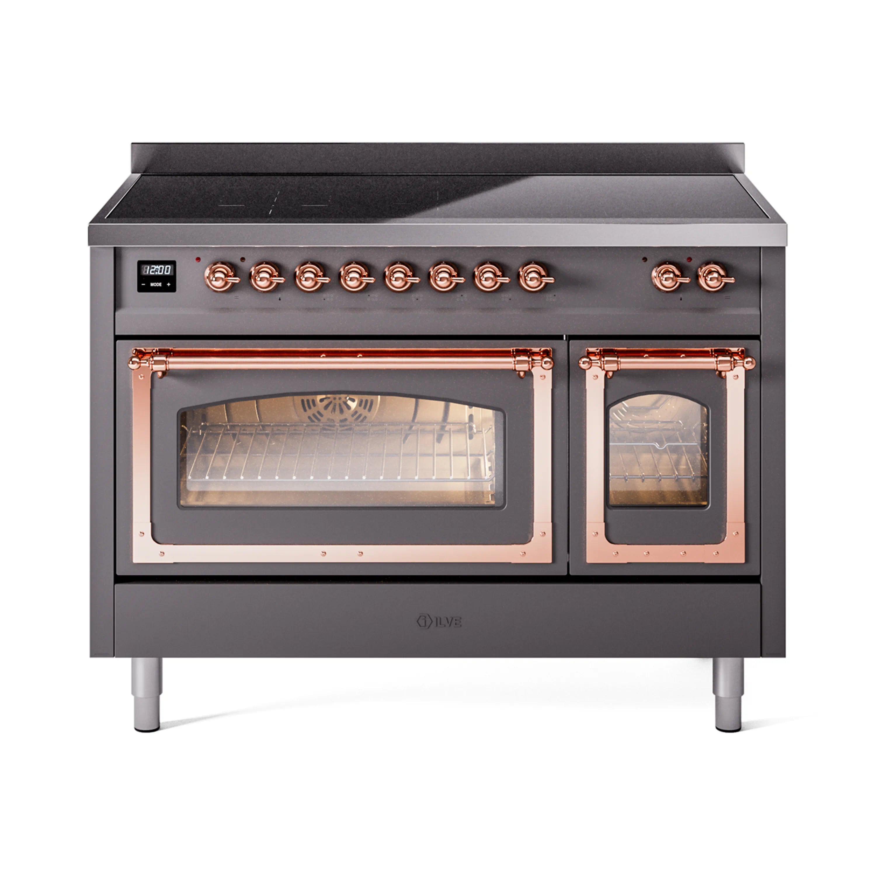 48-inch induction range with matte graphite finish, copper knobs, and dual glass oven doors