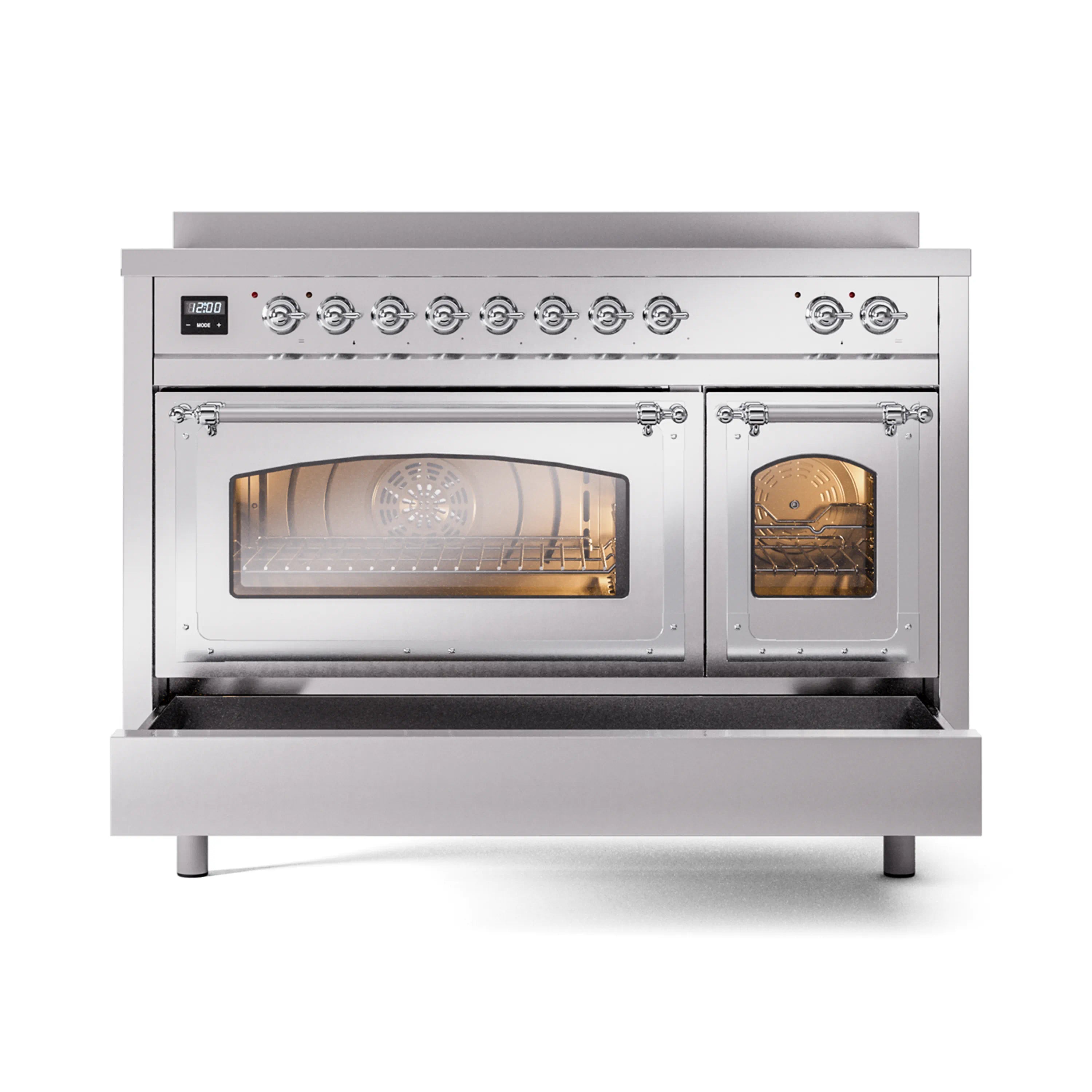 Induction range with open triple glass oven doors and lit interior, front view