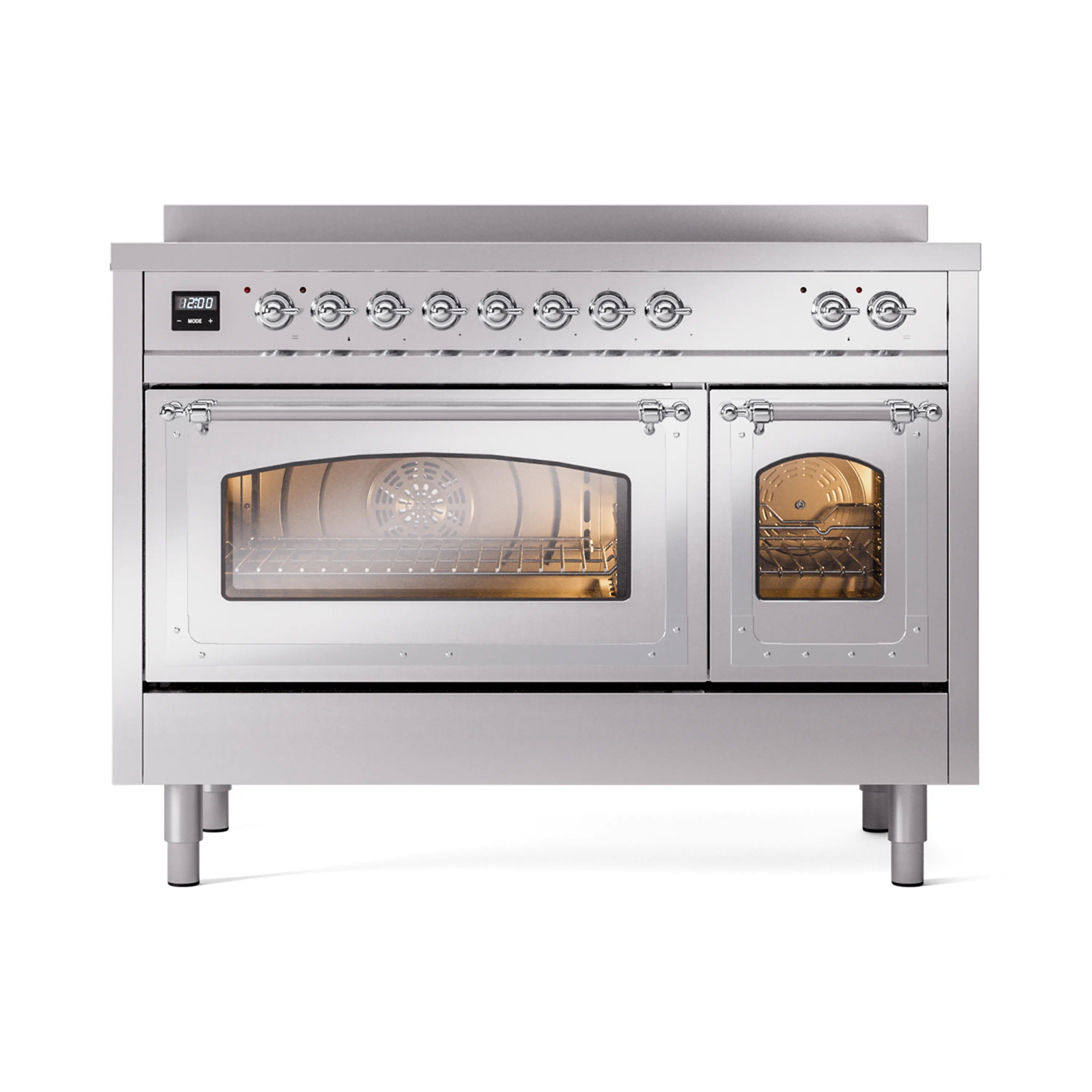 Stainless steel induction range with triple glass doors and chrome trim, front view