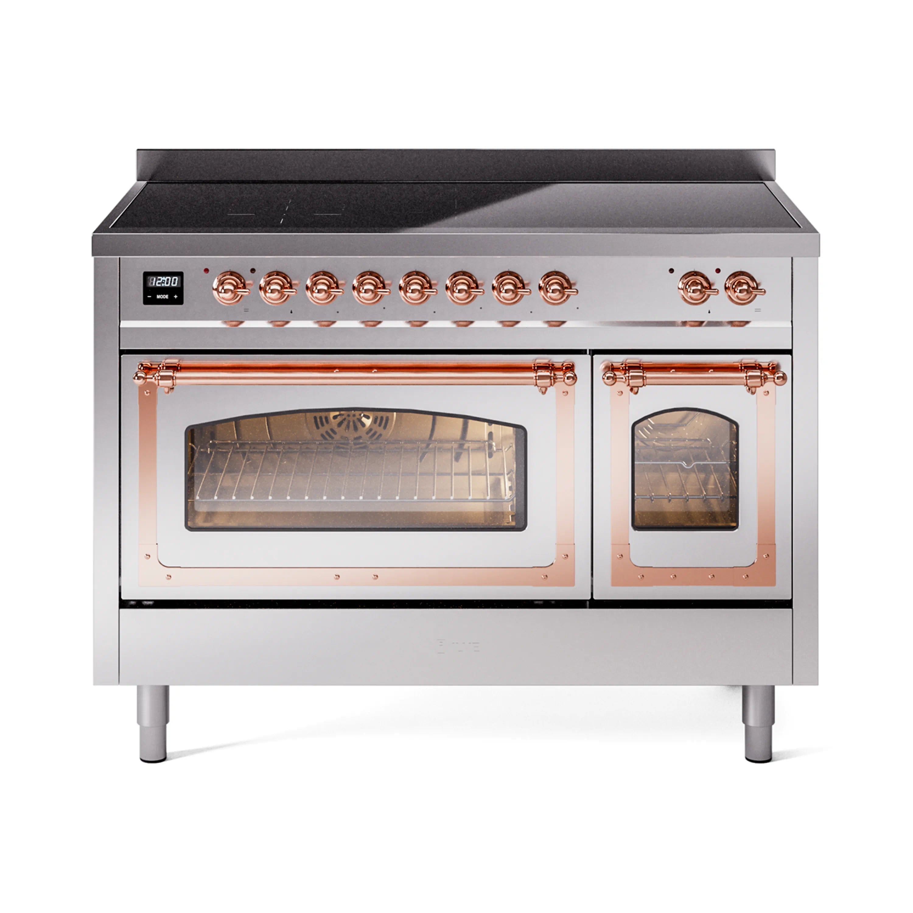 Stainless steel induction range with two glass doors and copper-trim control knobs