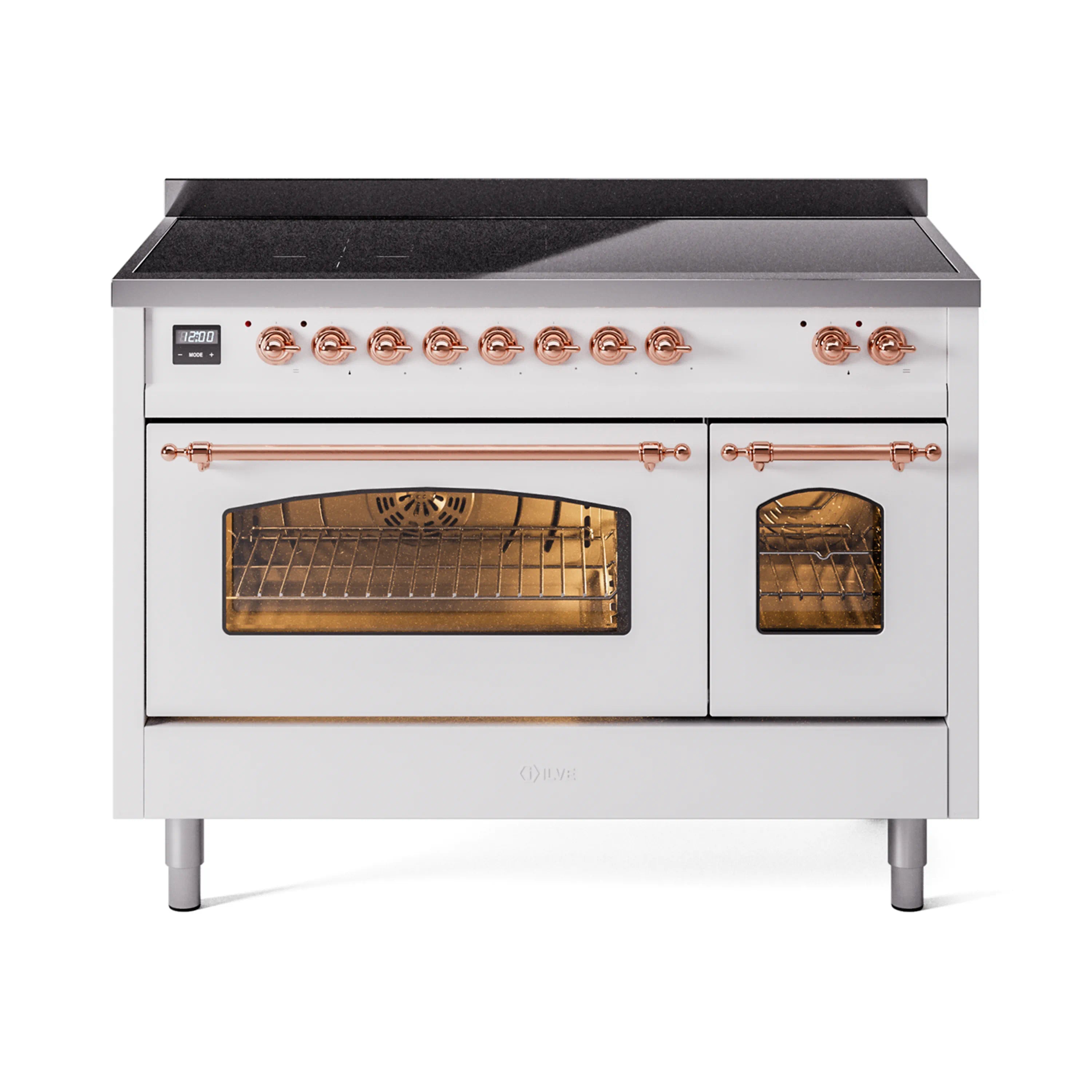 White induction range with copper-trimmed doors open, showing oven racks and interior