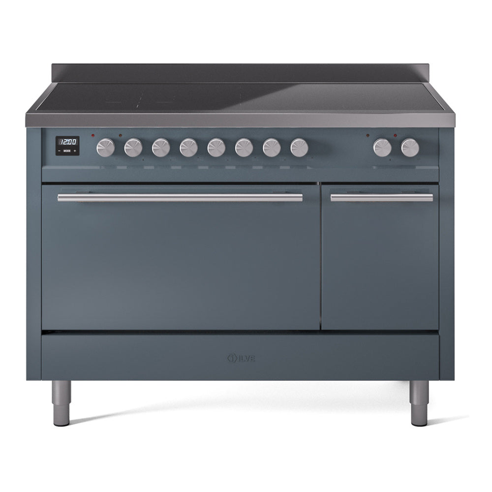 Blue-grey induction range front with burner controls and two cabinet doors