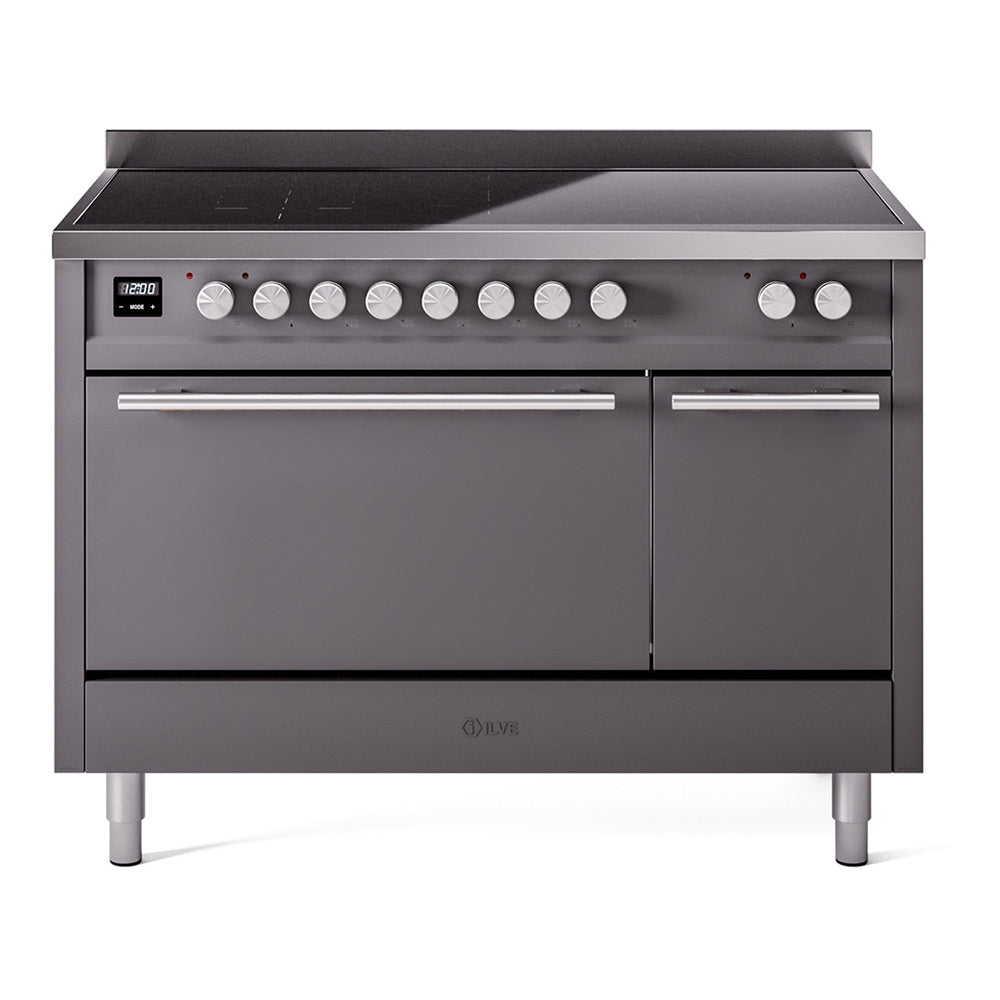 Matte graphite induction range with control knobs, cooktop, and closed dual oven doors