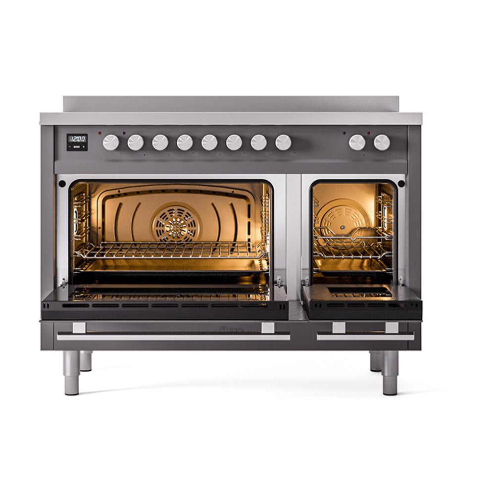 Matte graphite professional induction range with open dual oven doors and control knobs