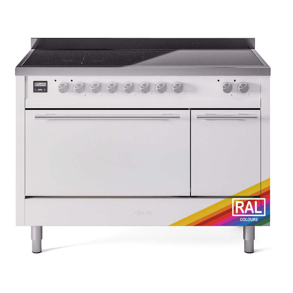 White induction range with two oven doors, control knobs on backguard, black cooktop