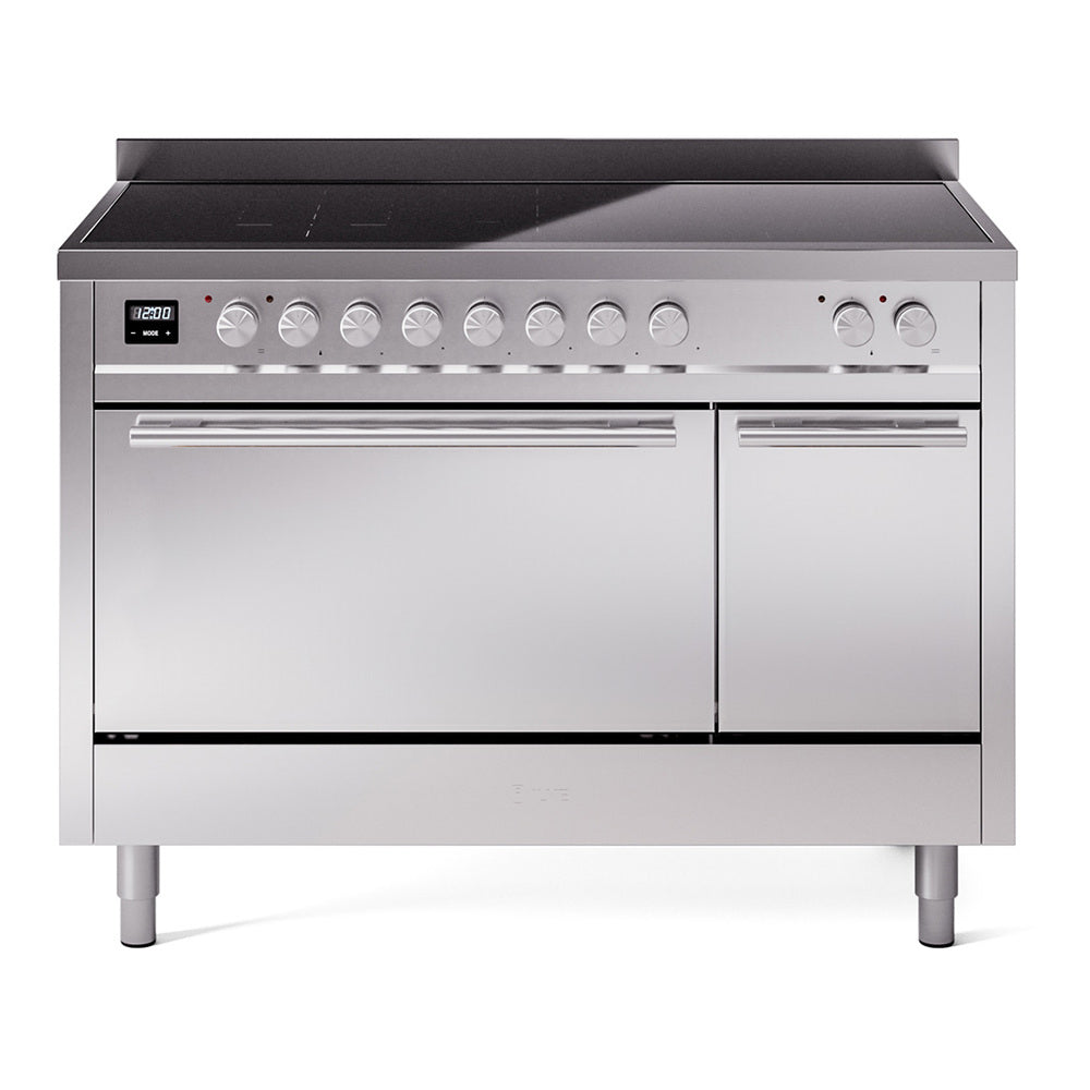 Stainless steel induction range with black cooktop and twin oven doors
