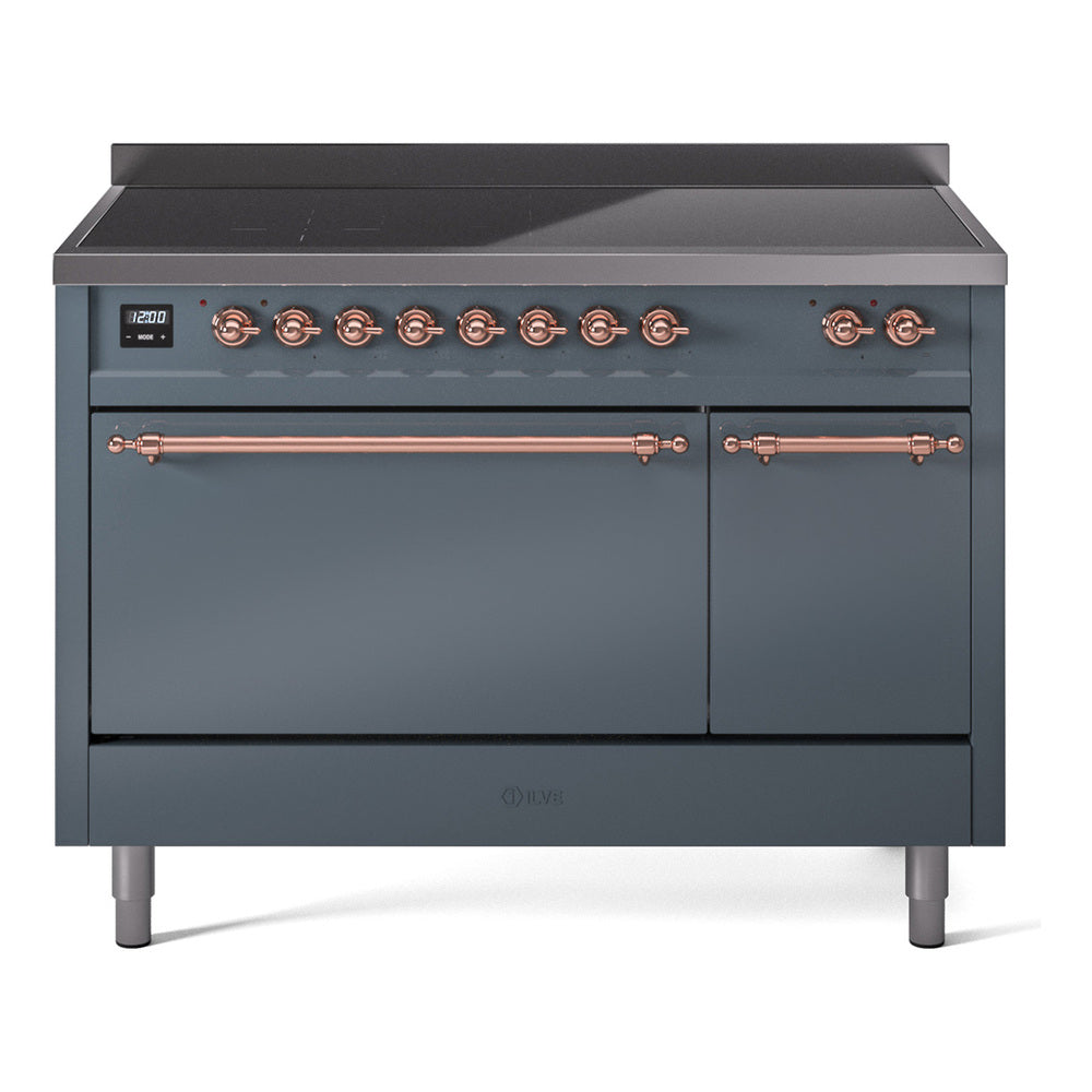 Induction range with two oven doors and copper-trim knobs, blue-grey cabinet
