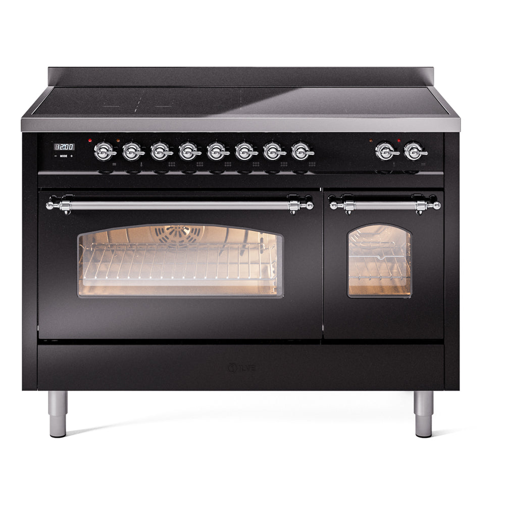 Glossy black induction range with chrome trim, oven door windows and front controls