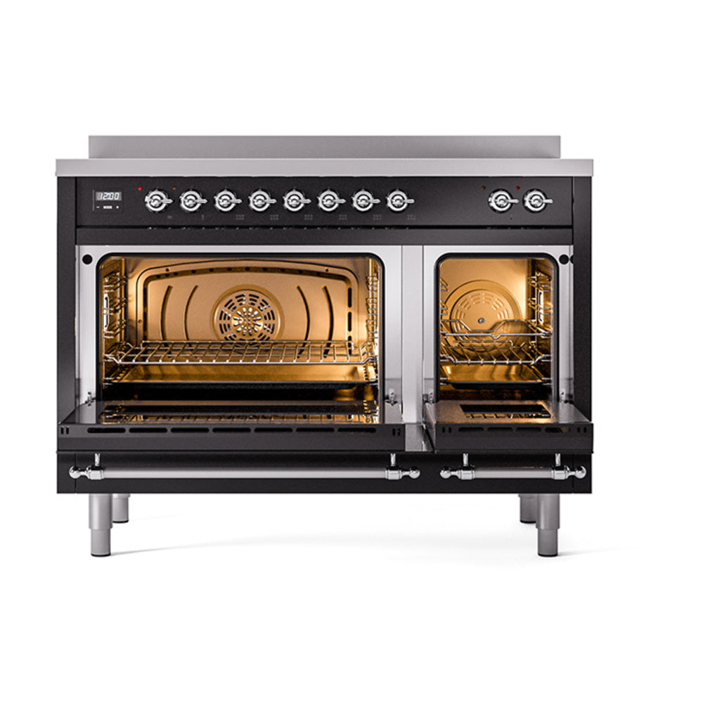 Glossy black induction range with chrome trim, two oven doors open, interior visible