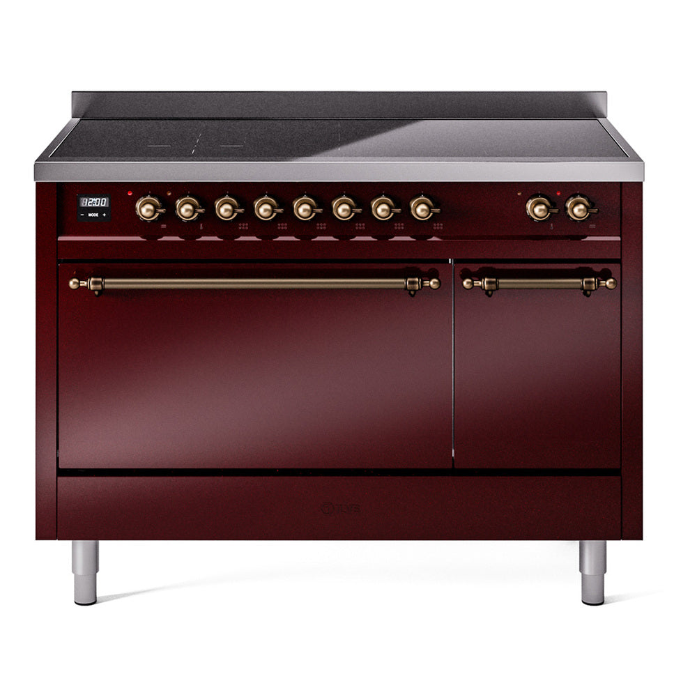 Burgundy induction range with bronze control knobs and double oven door