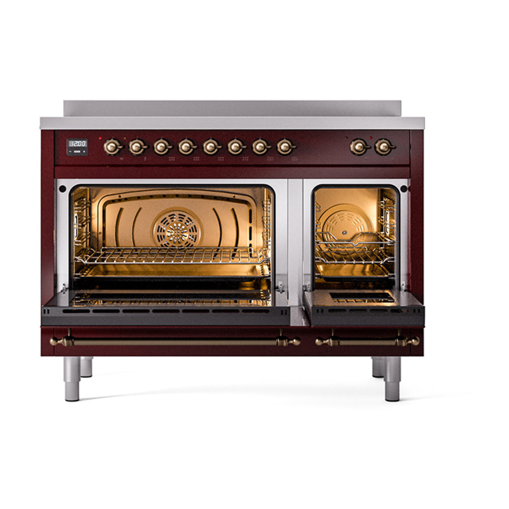 Burgundy induction range with open ovens showing lit interiors and metal racks