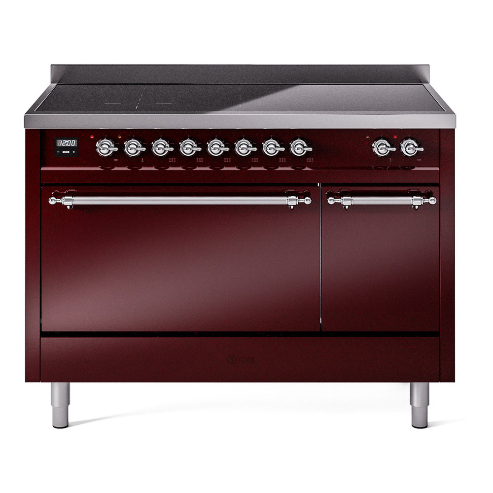 Burgundy induction range with black cooktop, chrome knobs, and double oven doors